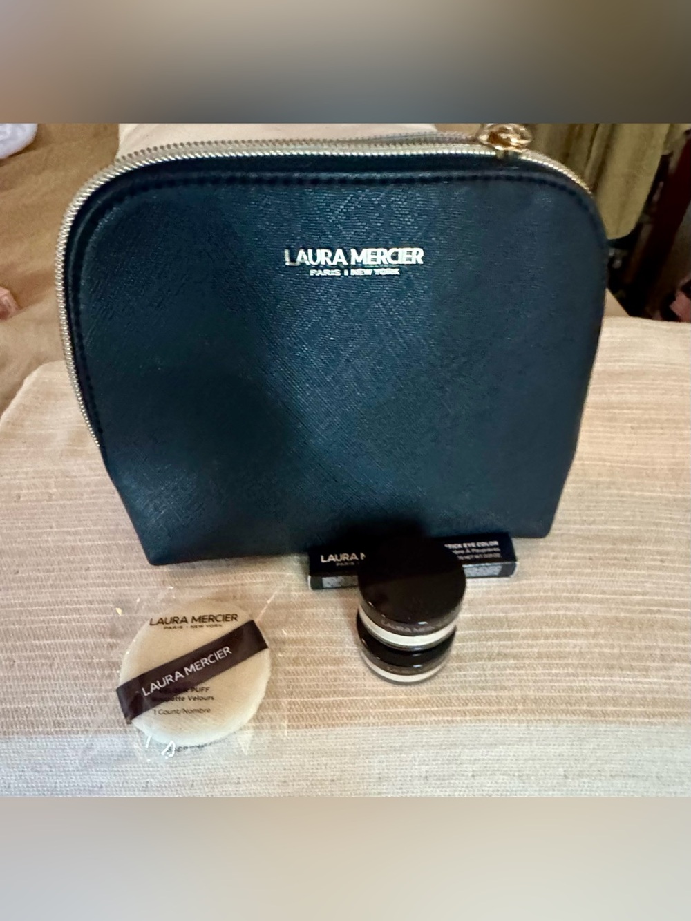 laura mercier Black Cosmetic Pouch with Gold Logo and Accents